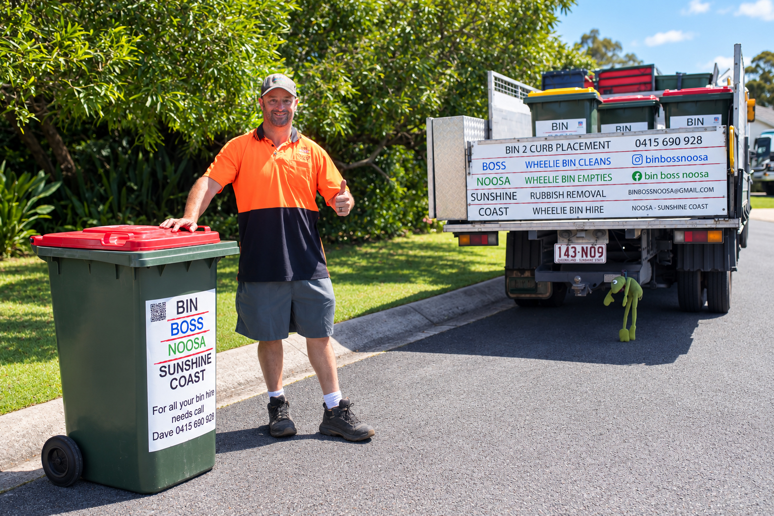 David giving a thumbs-up beside a Bin Boss wheelie bin and truck