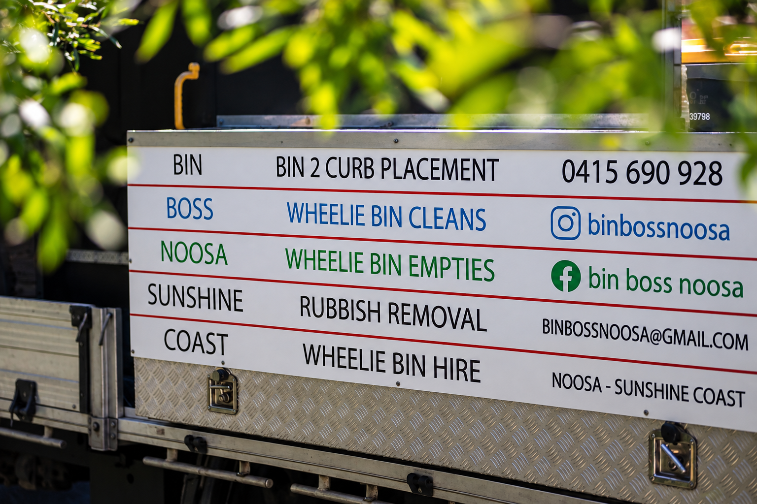 Bin Boss Noosa Sunshine Coast truck signage listing services across the Sunshine Coast