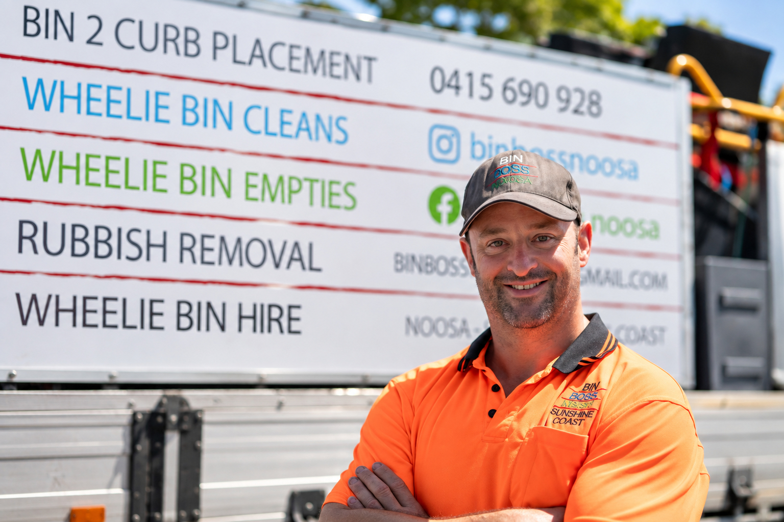 David from Bin Boss Noosa Sunshine Coast standing in front of the Bin Boss truck