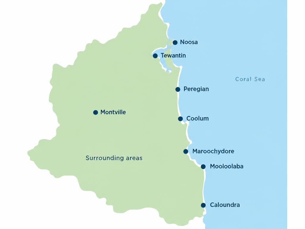 Map showing Bin Boss Noosa Sunshine Coast service areas across the Sunshine Coast, including Noosa, Tewantin, Peregian, Coolum, Maroochydore, Mooloolaba, Caloundra, Montville and surrounding areas